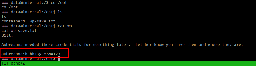 LinPEAS highlighting /opt/wp-save.txt