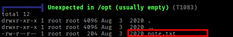 LinPEAS finding /opt/note.txt in the Jenkins container