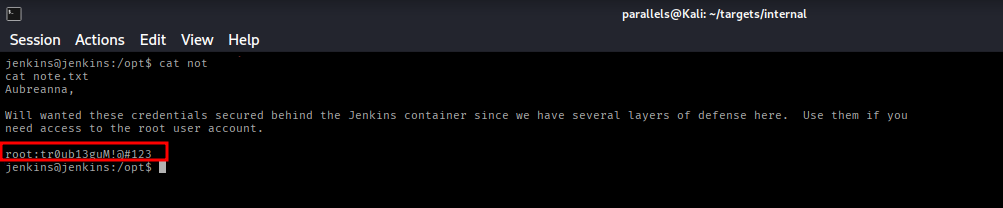 /opt/note.txt containing the root password