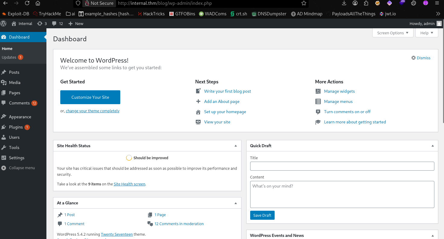 WordPress admin dashboard — logged in as admin
