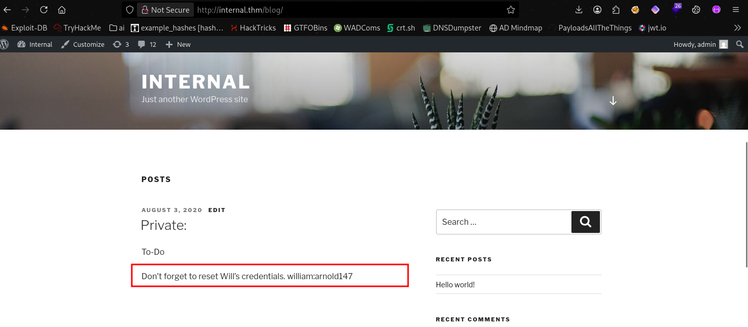 Private WordPress post containing william:arnold147