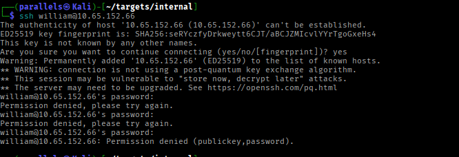 SSH login attempt for william — authentication failure