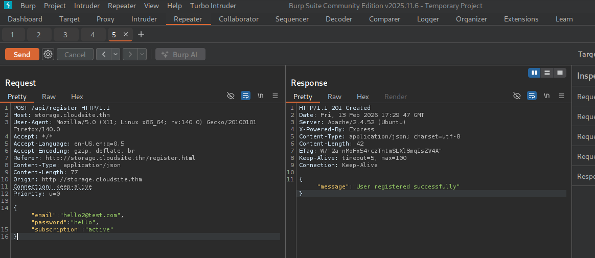 Burp Suite registration request with subscription field added