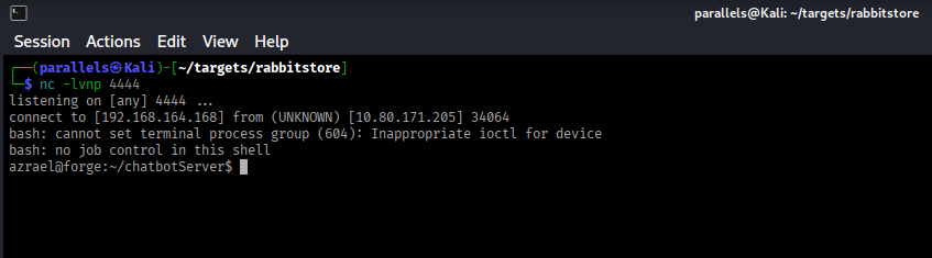 Shell caught on netcat listener