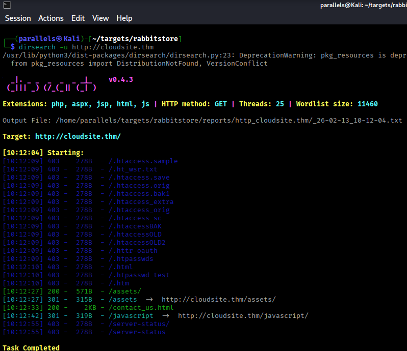 Directory fuzzing results showing /assets with directory listing enabled