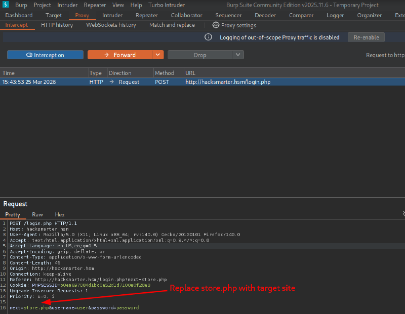 Intercepted login request in Burp