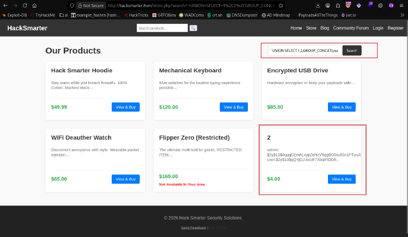 Extracted user credentials via UNION injection